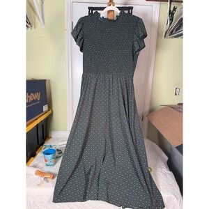 SHEIN Olive Green Floral Smocked Maxi Dress Short Flutter Sleeve Size L 8/10